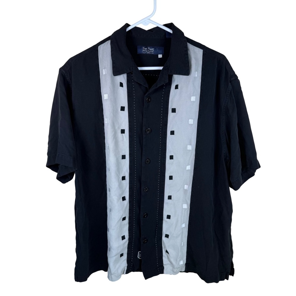 Nat Nast Luxury Orig Camp Shirt Mens LG Black Silk Bowling Retro Embroidered